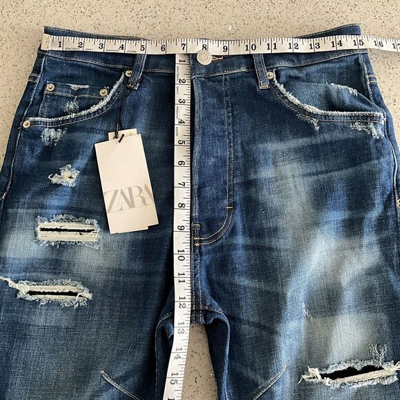 Zara Distressed Patchwork Tapered Skinny Jeans Blue32 - Picture 5 of 12